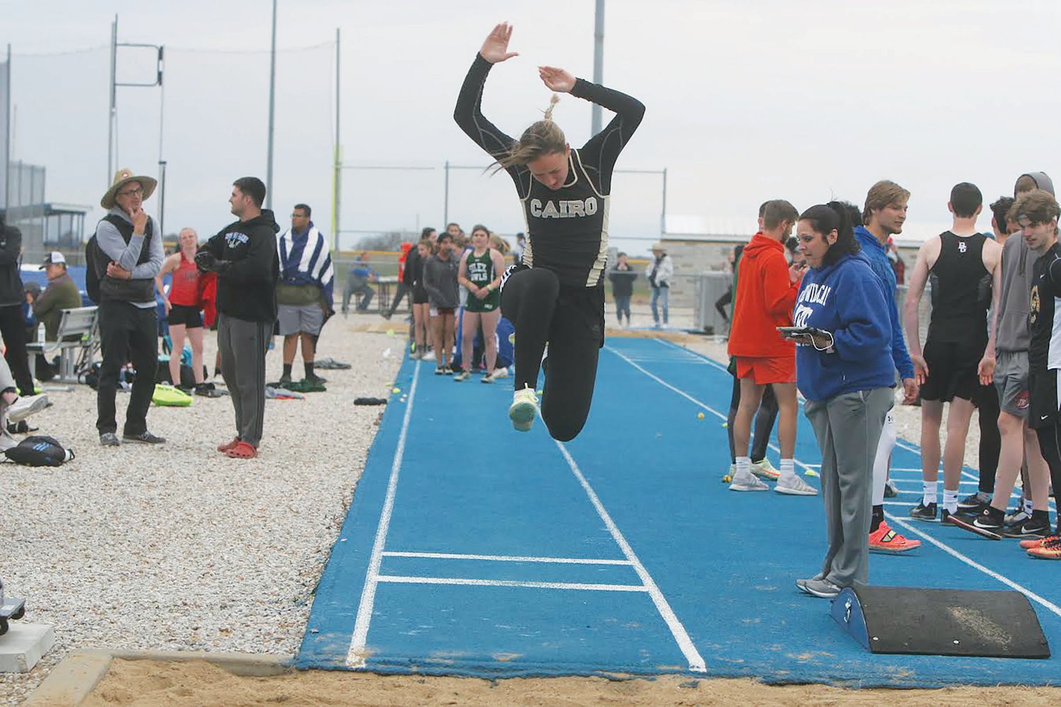Cairo’s Avery Wiegand competes in the long jump at the Montgomery County Invitational on April 19. Wiegand placed 10th overall with a jump of 4.43 meters.