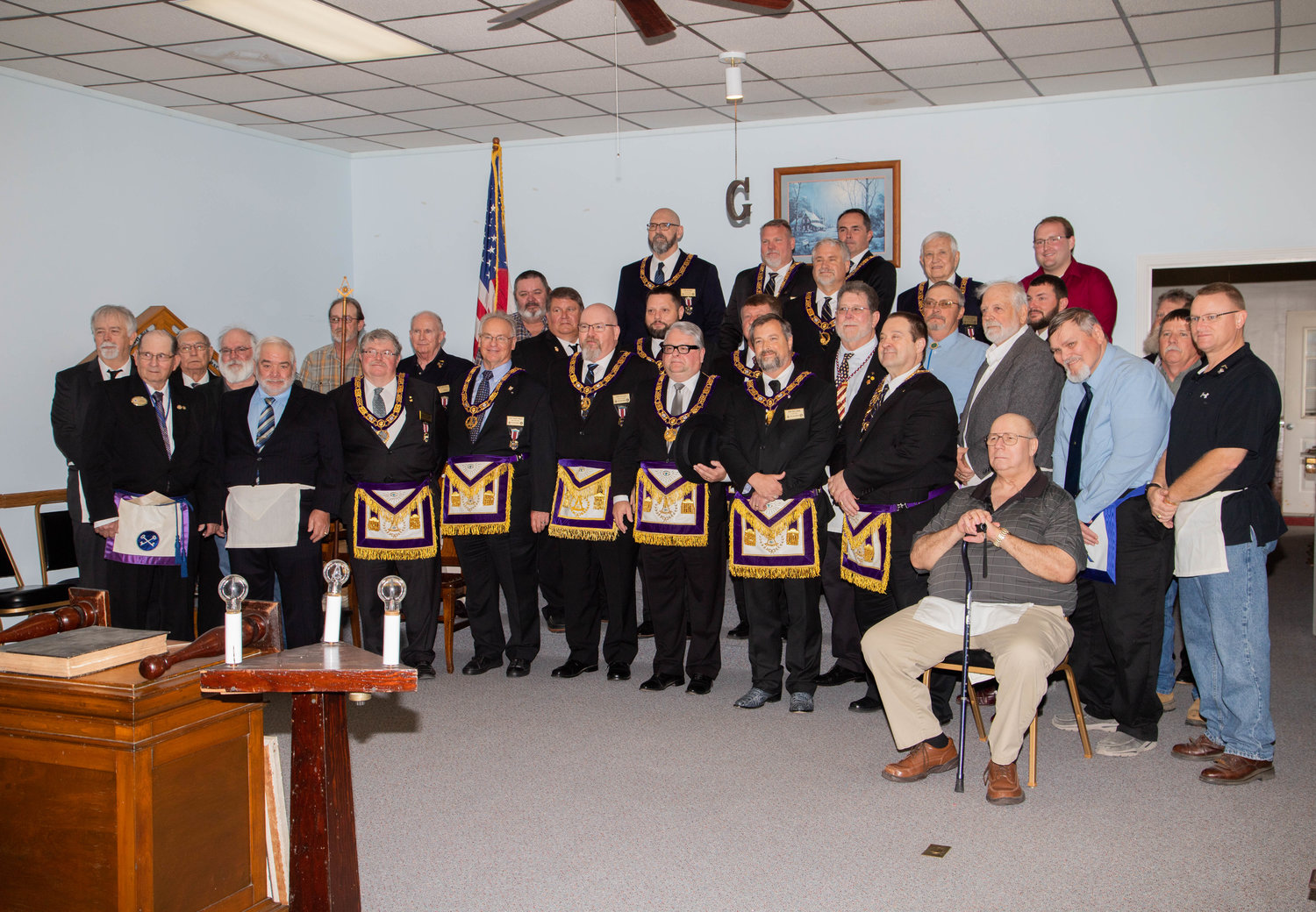 Cairo and Milton Lodges pose for a photo Saturday after the Milton Lodge retires its charter and merges with Cairo.