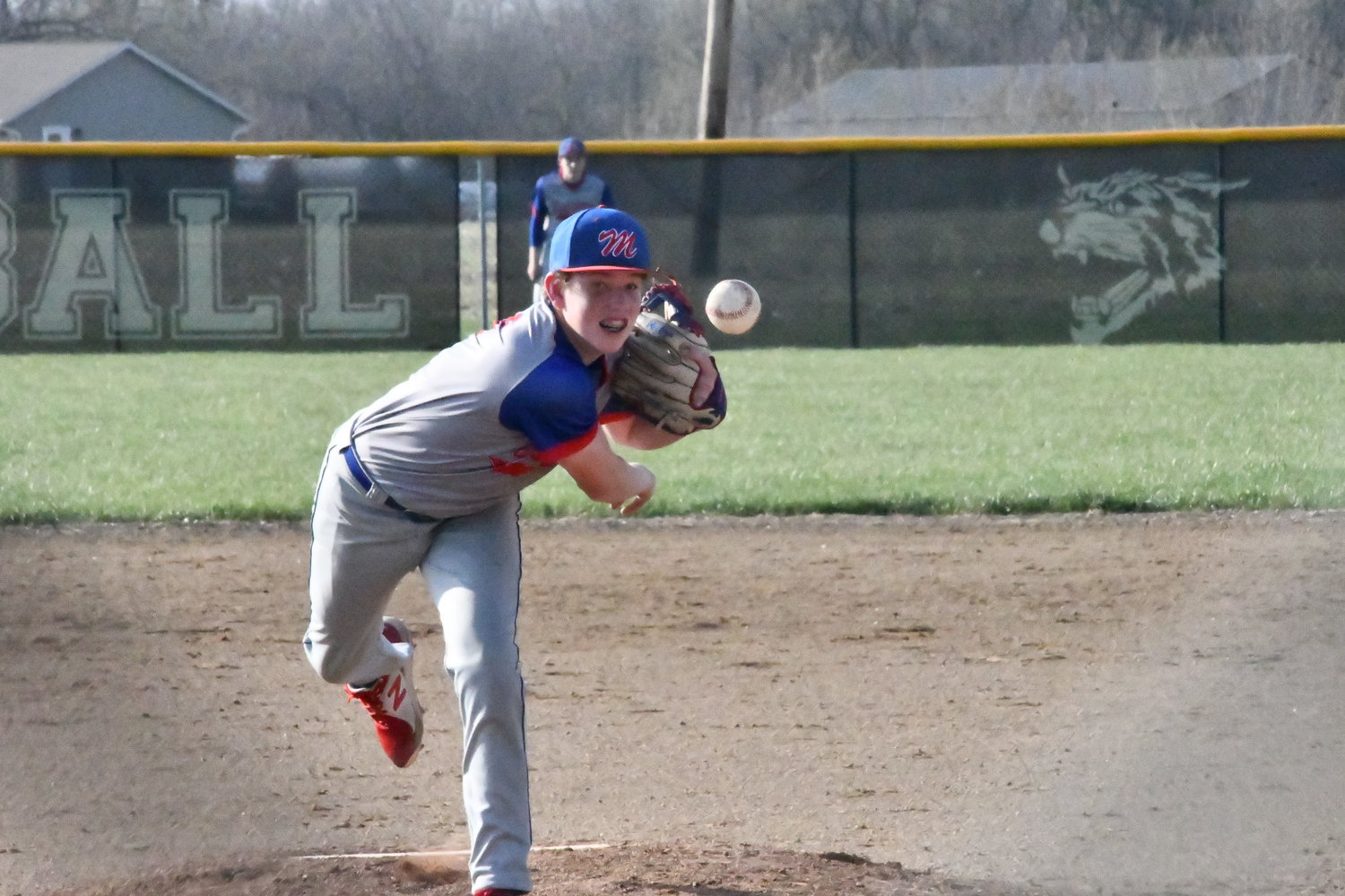 Moberly’s Jackson Engel deals toward home plate during Friday’s Randolph County game versus Cairo. Engel pitched a complete-game shutout as the Spartans downed the Bearcats, 1-0, in what turned into a ‘classic.’