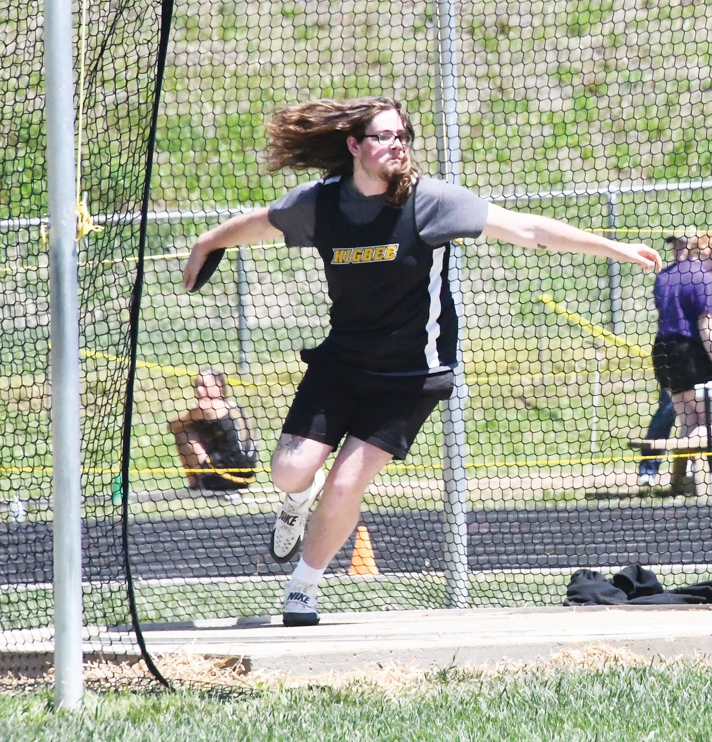 Higbee’s James Smith competes in the discus throw on Saturday at the Class 1 District 2 meet at the Bob Monnig Track Complex in Glasgow. White qualified for the sectional meet in St. Louis this week with a mark of 37.08m.