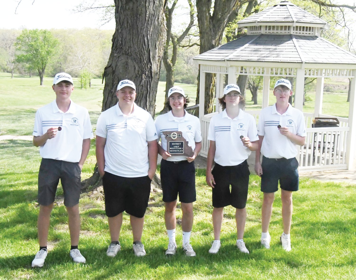 The Westran High School boys’ golf team gathers for a group photo after taking second overall at the Class 1 District 2 Tournament Monday at Heritage Hills Golf Club in Moberly. The team consists of (from left), Colin Brandow, Aiden Brockleman, Logan Brown, Logan Bain and Christian Seiders.