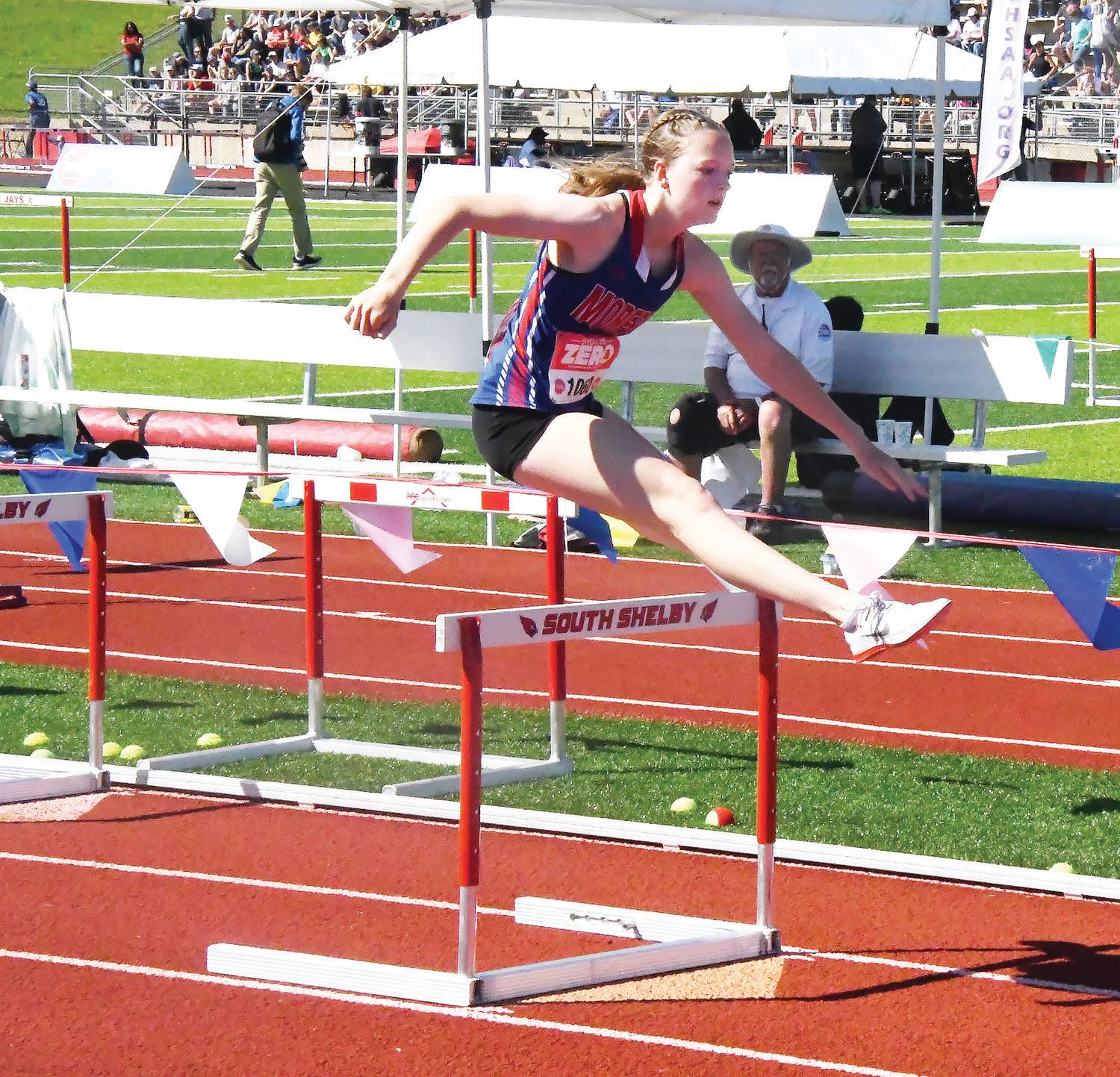 Moberly freshman Zoey Hannam strides over the bar during the 300-meter hurdles preliminaries on Friday afternoon at the Missouri Class 4 state meet in Jefferson City. Hannam recorded a time of 48.16 seconds, which was just 0.11 off qualifying for the finals.