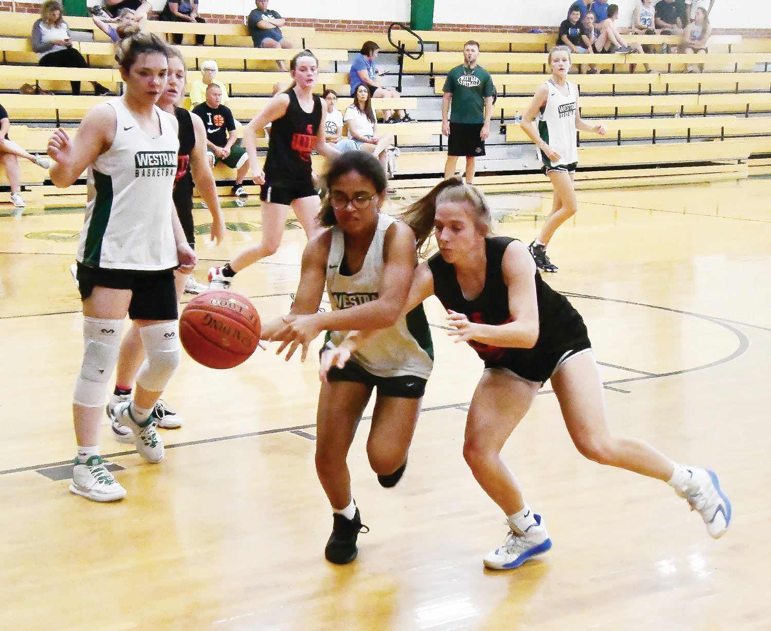 Westran's Jaelyn Miller attempts to keep possession while guarded heavily by a Community R-VI player.