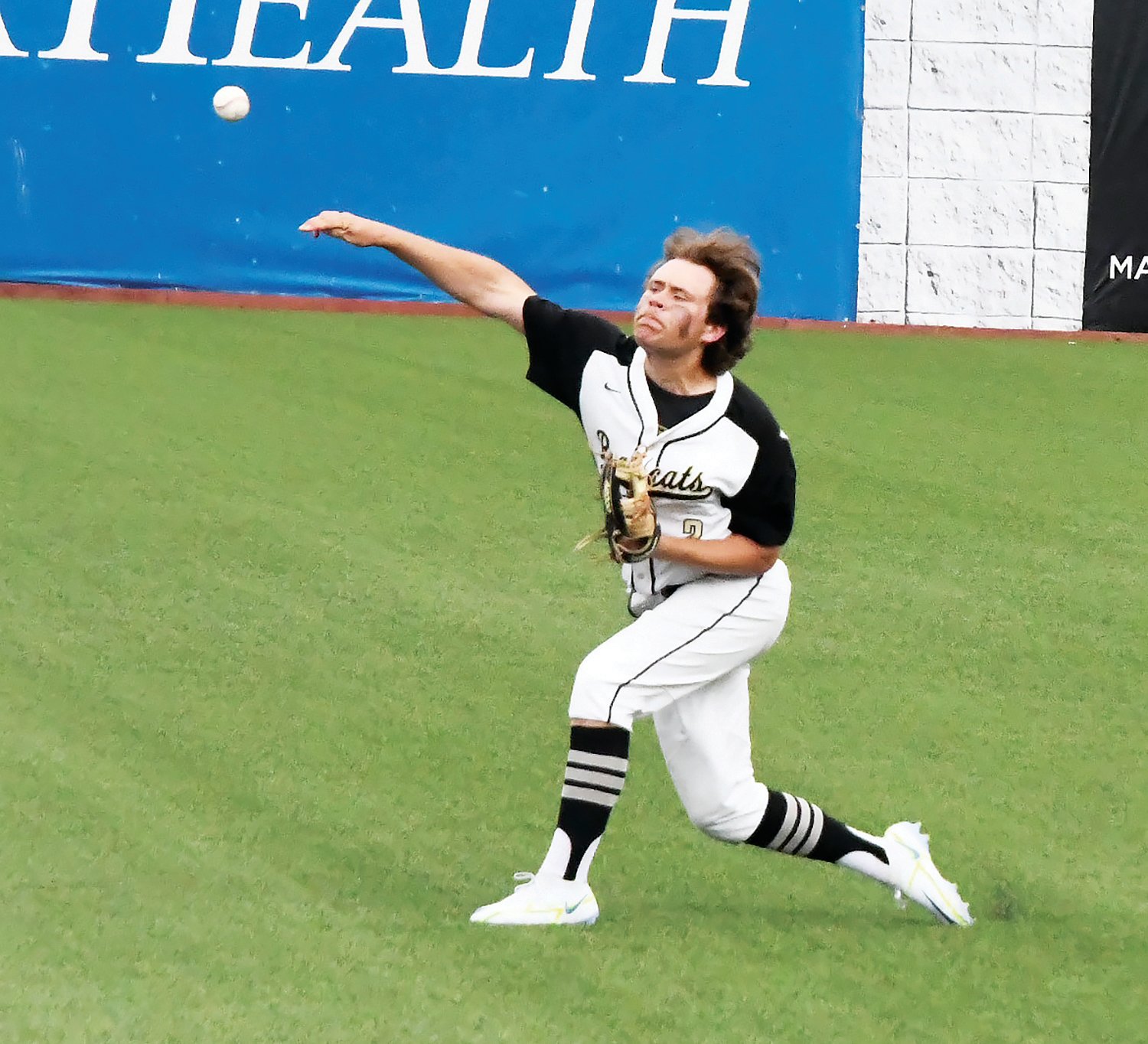 Cairo’s Austin Wright begins a relay from center field during the Class 1 third-place game versus South Nodaway at U.S. Baseball Park in Ozark on May 31. Wright was named a first-team all-state outfielder.