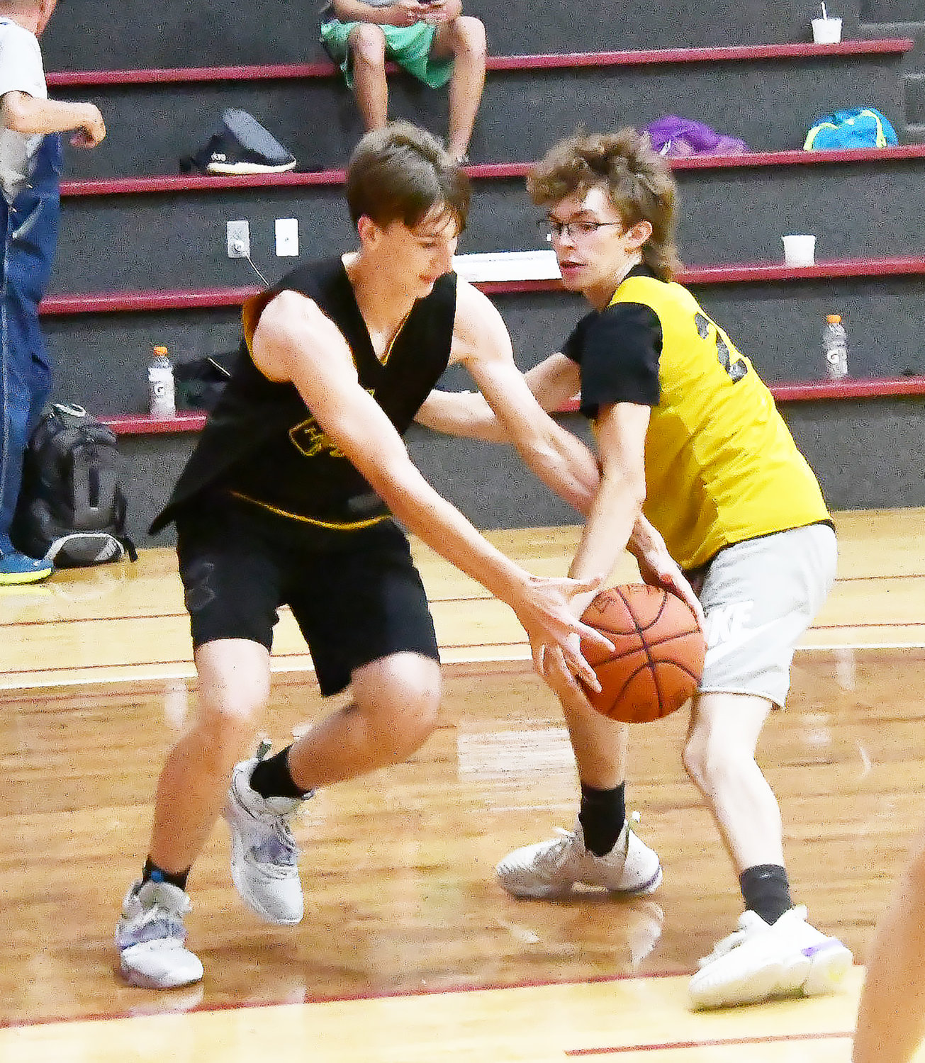 Jaxon Hudson tries to control the ball while guarded by a Stanberry player during Wednesday's scrimmage.