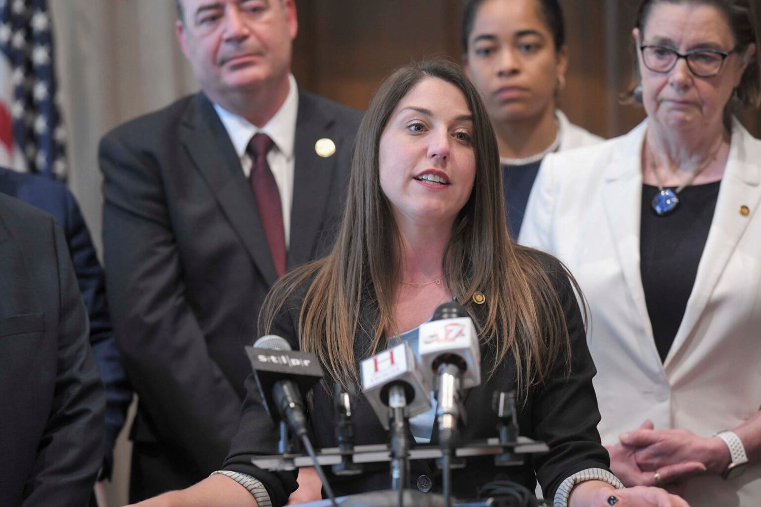 Minority Floor Leader Crystal Quade, D-Springfield, answers questions during a press conference on the final day of the 2022 legislative session May 13.