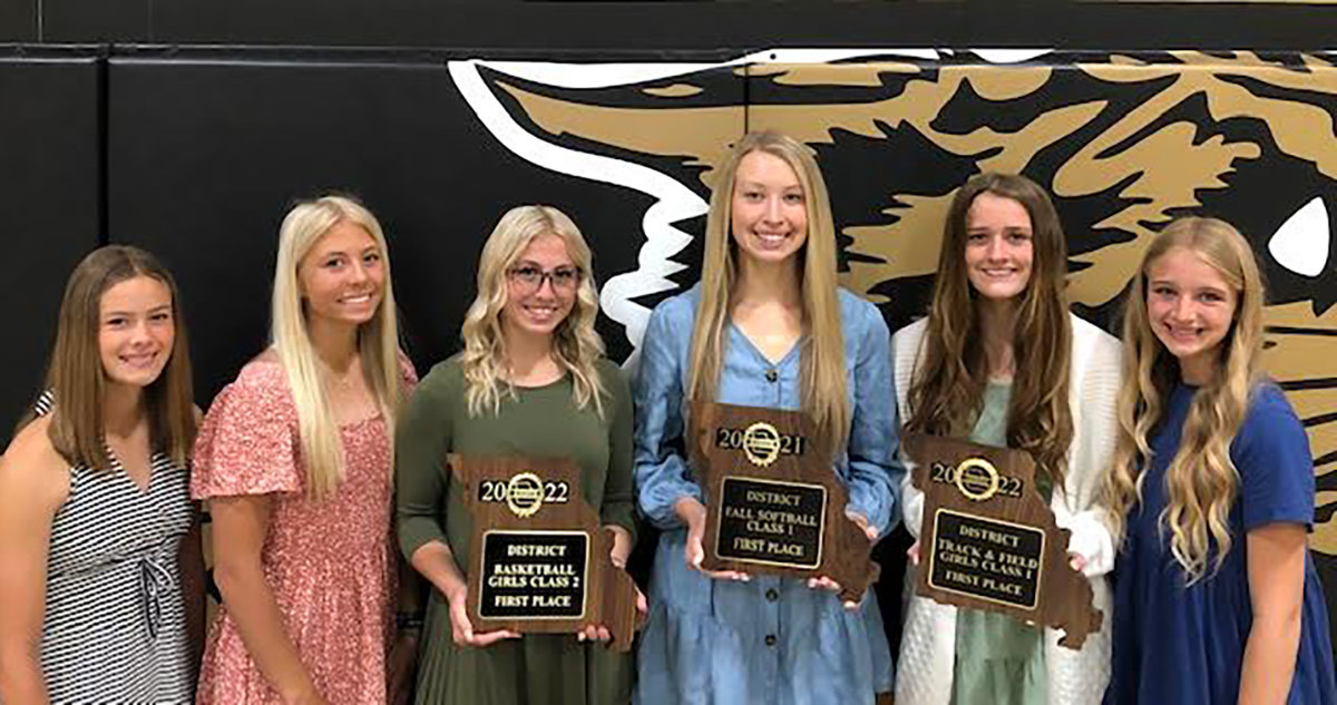For the first time in the history of Cairo (Northeast R-IV) School, girls won three district titles during the same competition year (2021-22). The Bearcats earned a district title in softball by defeating Westran last fall. Cairo defeated Community R-VI for a district crown in girls’ basketball this past February. The Bearcats topped off the year with a district championship in track and field on Saturday, May 7. Six girls were a part of all three district titles. Those girls are (from left to right) Kristen Gosseen, Avery Brumley, Gracie Brumley, Morgan Taylor, Jersey Bailey and Addison Bailey.