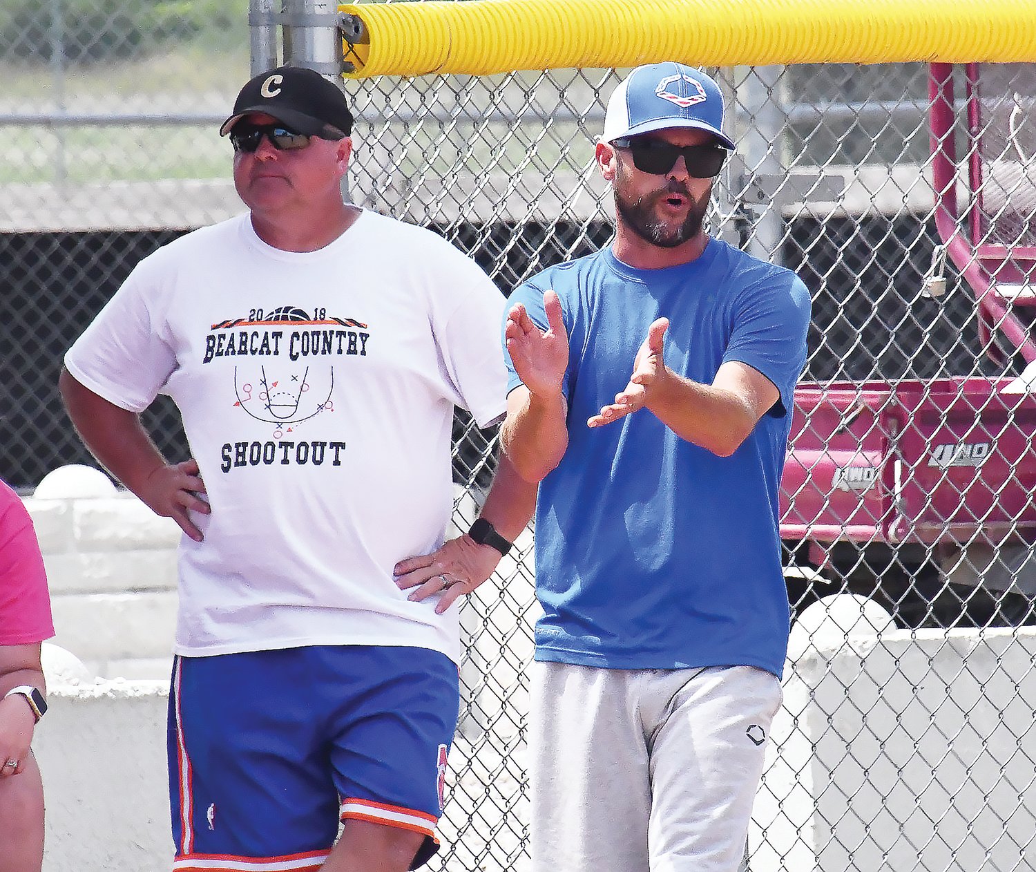 Drew Hunt (foreground) has returned as Moberly High School head softball coach after several years away from the program. Hunt replaces Danielle Sears. He’s shown here coaching the squad during a scrimmage on Monday afternoon in Cairo.