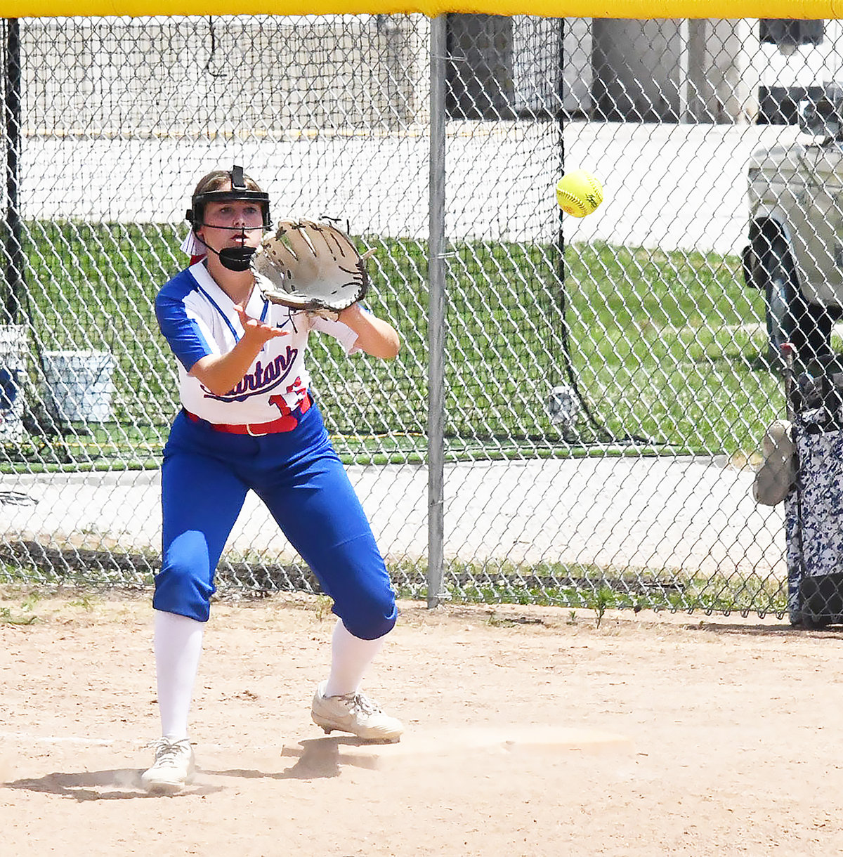 Elizabeth Reisenauer covers first base on a nub hit from Cairo during a scrimmage on Monday, June 27.