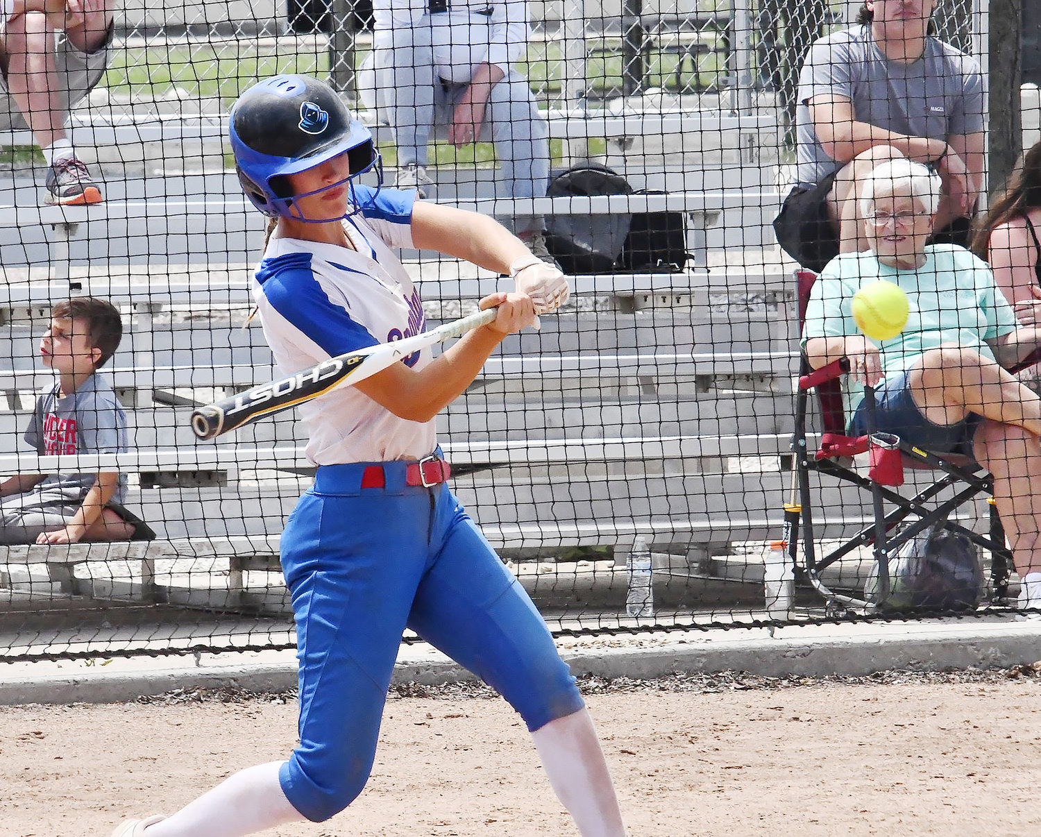All-district and all-conference player Chloe Ferguson of Moberly smacks a base hit.