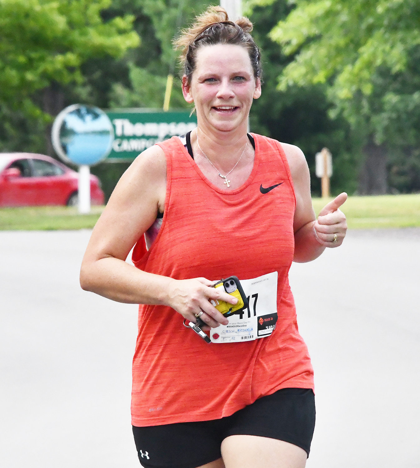 Rebecca Gibson of Higbee gives the 'thumbs up' after completing the Independence Day 5K run.