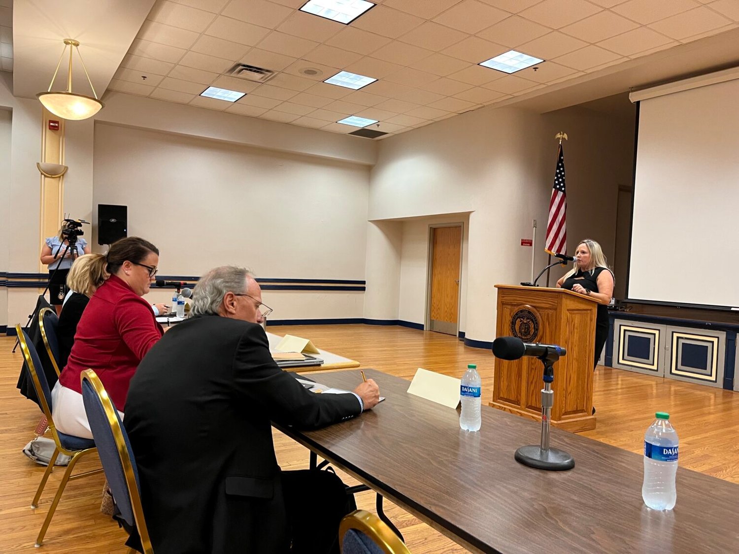 Jackee Collins, a virtual coordinator in Delta R-V Schools, testifies to the Teacher Recruitment and Retention Blue Ribbon Commission in Jefferson City on Aug. 3.