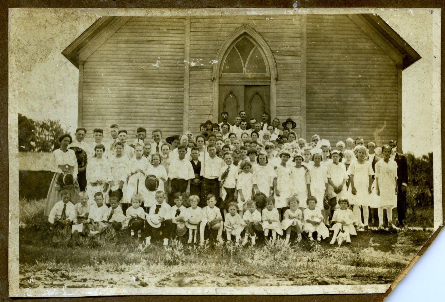 An undated photo shows a gathering at the old Methodist Church in Higbee. The church burned down April 7, 1927 after being struck by lightning, according to a 1971 article in the Monitor-Index.