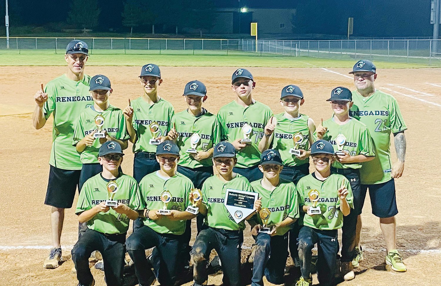The Renegades, based in Marceline, won the 12-under tournament championship in the Moberly Midget League this past July. The Renegades went 11-1 during the regular season, scoring 160 runs while allowing 43. Here’s the team. Front row (from left), Alex Ewigman, Jase Ewigman, Max Evans, Tayte Ewigman and Owen Thomas. Back row, assistant coach Willie Ewigman, Harper Van Zee, Nolan Green, Justin Rowe, Markos Black, Trace Terrell, Zane Svendsen and head coach Matt Thomas.