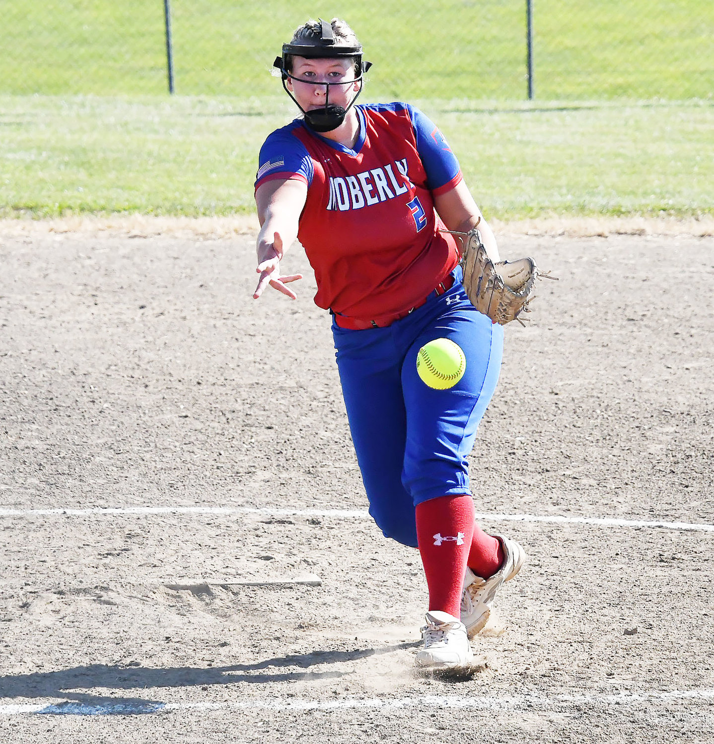 Taylor Martin of Moberly deals toward home plate in the jamboree game versus Macon.