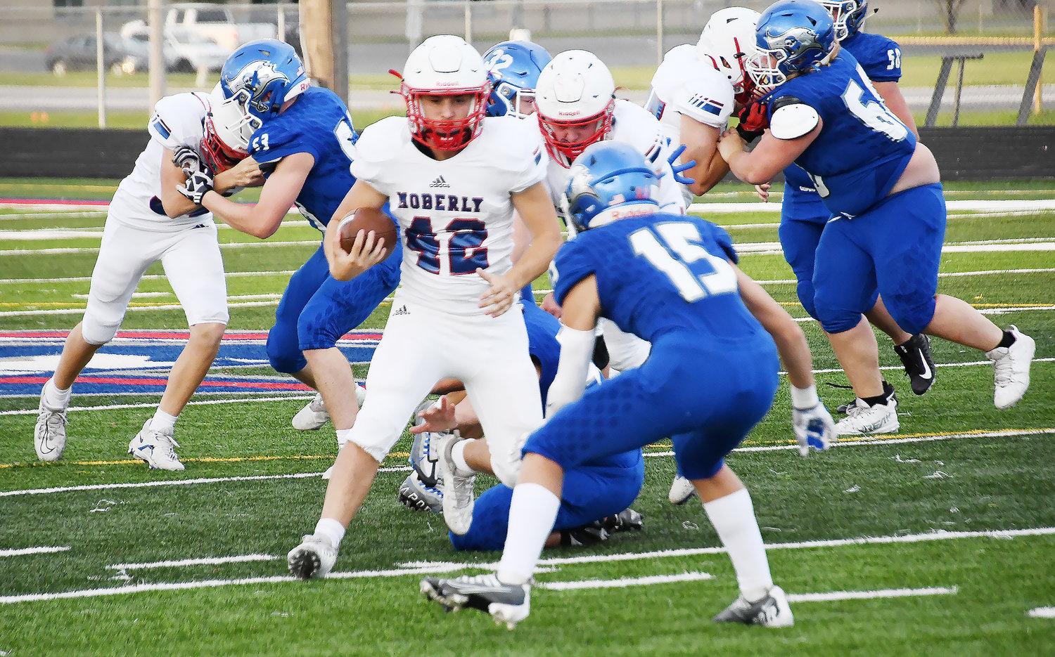 Moberly's Carter Grant breaks into the clear, earning a first down for the Spartans on this play.