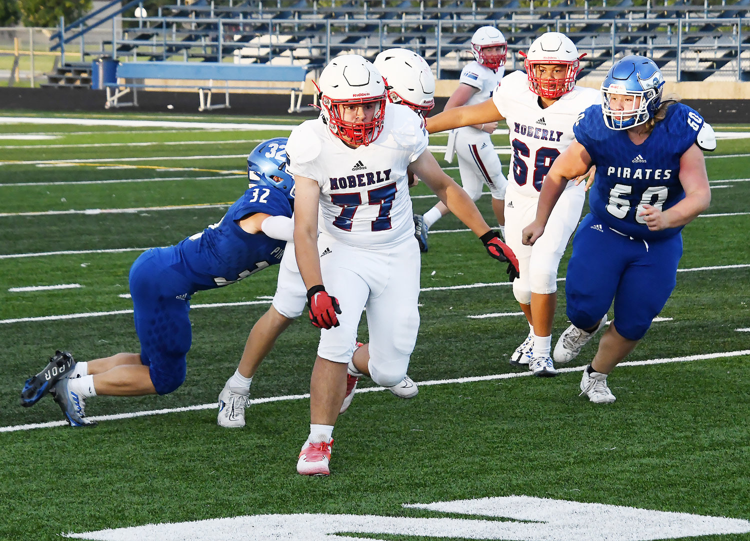 Moberly offensive lineman Isaac Stoneking enters what's called "the second level" preparing for another block while
