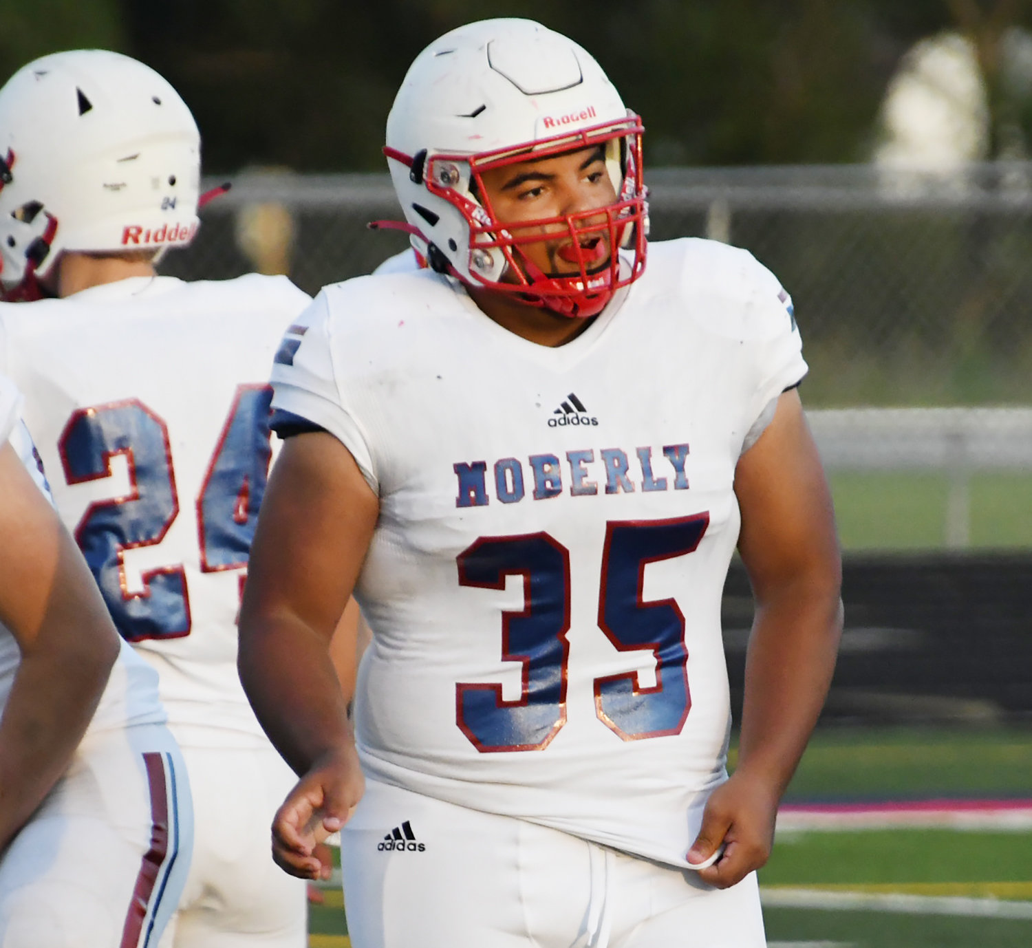 Moberly senior defensive end Javaughn Briscoe (35) will be counted upon as a leader this season for the Spartans.