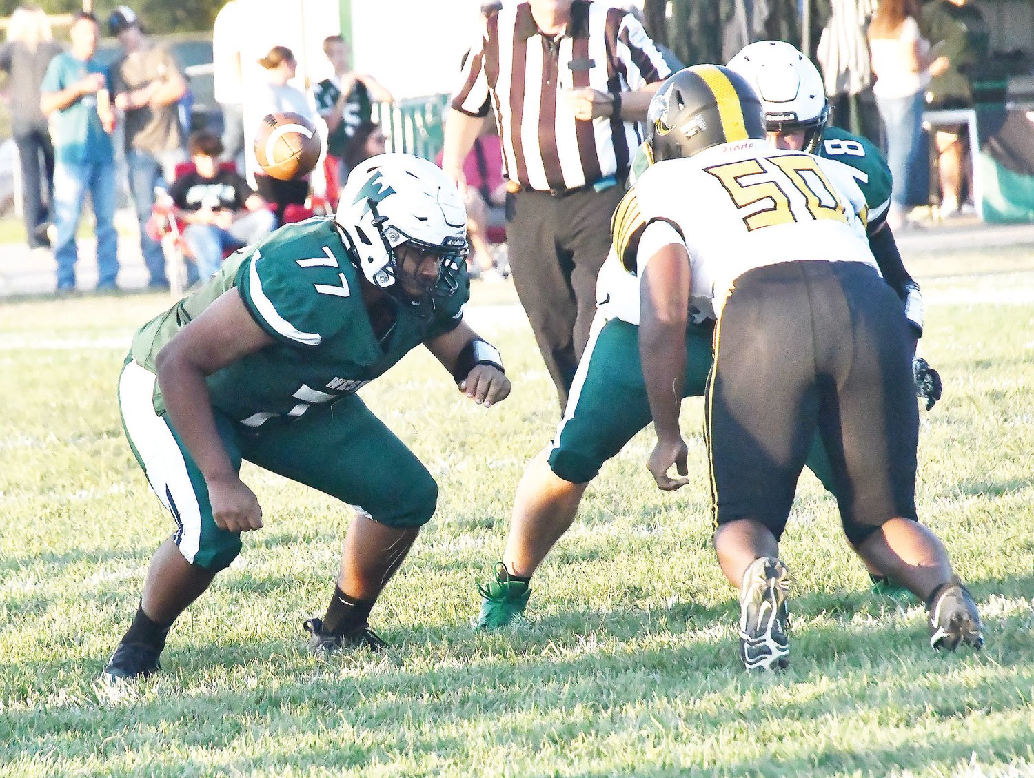 Westran's Tarayle Wallace works in the trenches during Friday evening's football game.