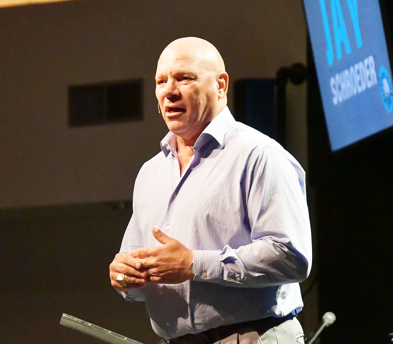 Jay Schroeder took to the stage to bring his message to Family Life Fellowship. Schroeder said although he really wanted to play baseball, God called him to the gridiron instead.