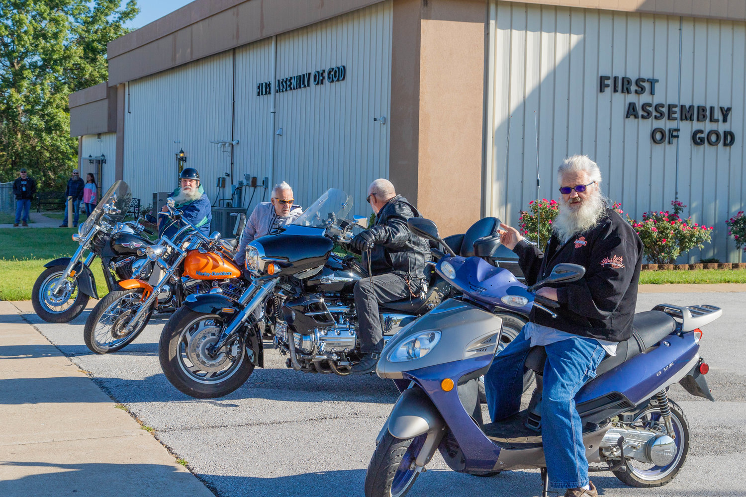 Dave Amirault, Gary Amirault, Ted Smith and Ron Wilson return to the First Assembly of God Church on West Outer Road in Moberly Saturday after a motorcycle ride to benefit Primrose Hill Teen Challenge.