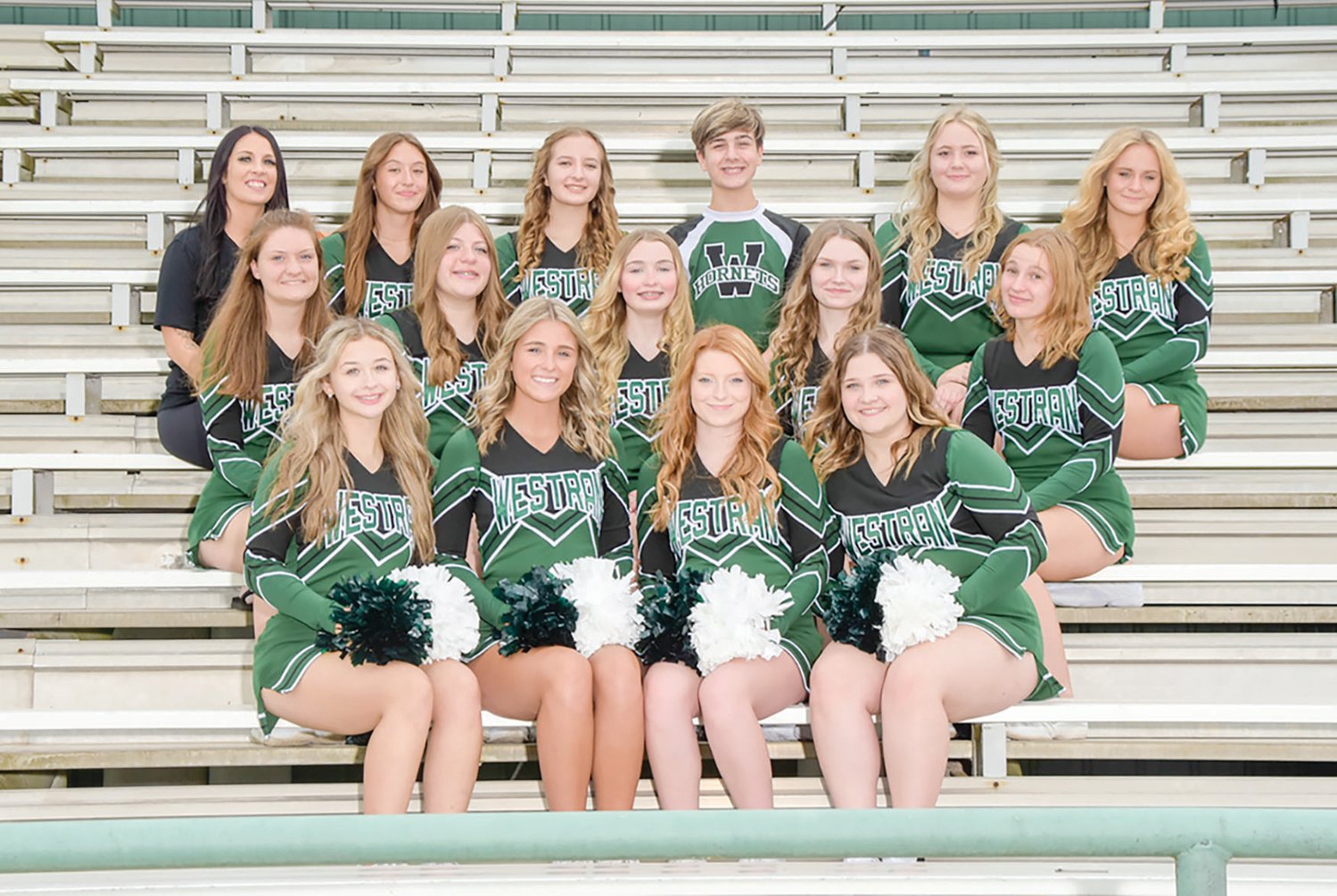 The Westran High School cheerleaders gathered for a group photo before the start of football season at the stadium in Huntsville on Friday, Aug. 19. The group cheers at Hornets’ football and basketball games. Here’s the group. Front row, from left to right, Tessie Smith, Kenzie Black, Addison Mathes and Lacey Wales. Middle row, Aliza Prewitt, Elexis Mills, Emily Sexton, Kiersten Saphian and Alyssa Wisdom. Back row, coach and sponsor Shayla Beckfield, Hadley Harvey, Khloe Boyack, Trenton Ames, Mali Powell and Jill Stephenson.