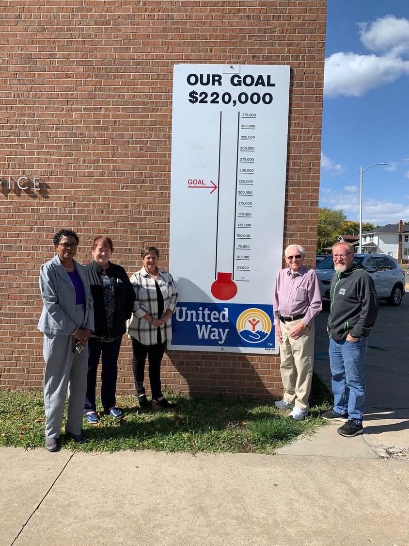 Welcoming the return of the United Way thermometer are board members Marva Viley, from the City of Moberly, Ann Parks, from Moberly Area Community College, United Way Executive Director Gina Fowler, Harley Mattox and his son Phil Mattox of Mattox Signs.