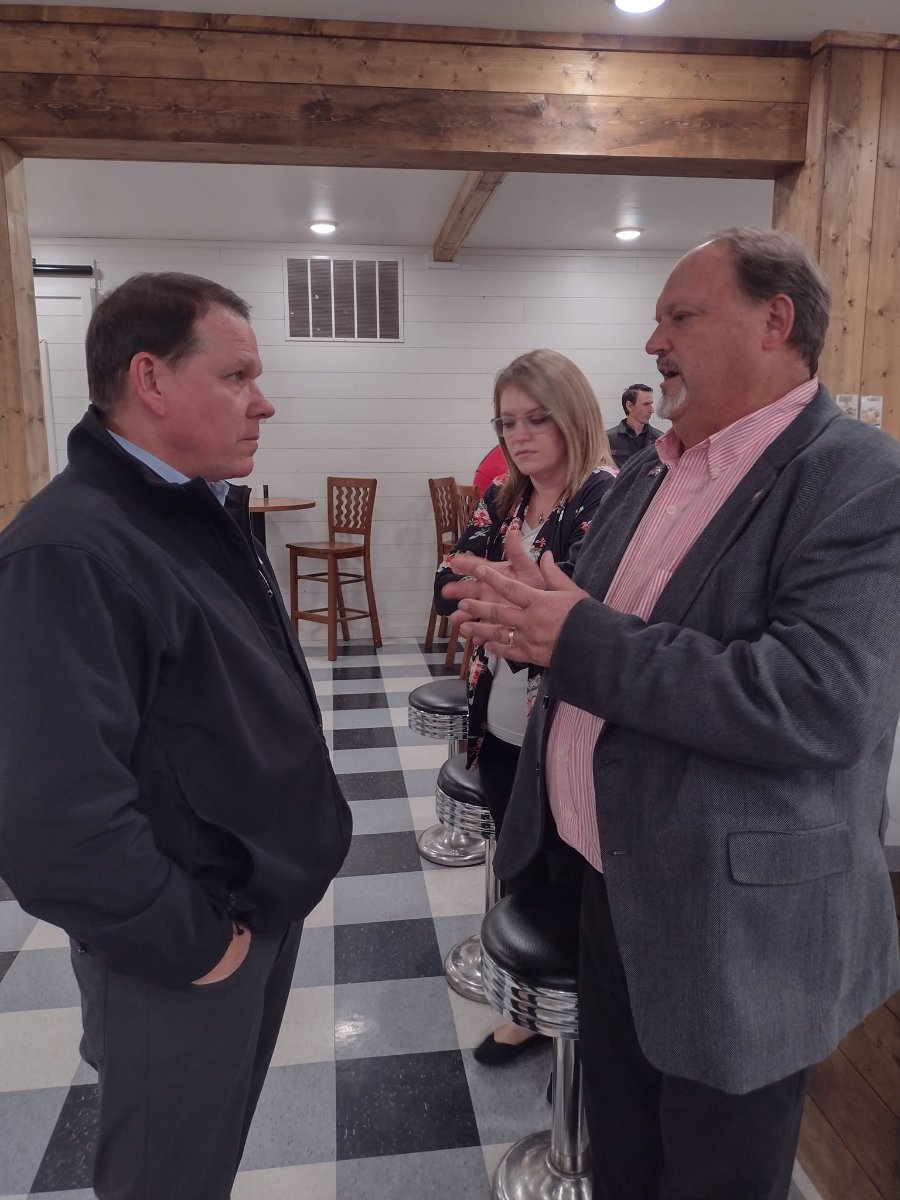 Congressman Sam Graves, left, and Rep. Ed Lewis discuss issues at a meeting in Macon. Graves is the current District 6 Congressman for Macon County and, in the newly drawn districts, Randolph County will be in District 6 as well.