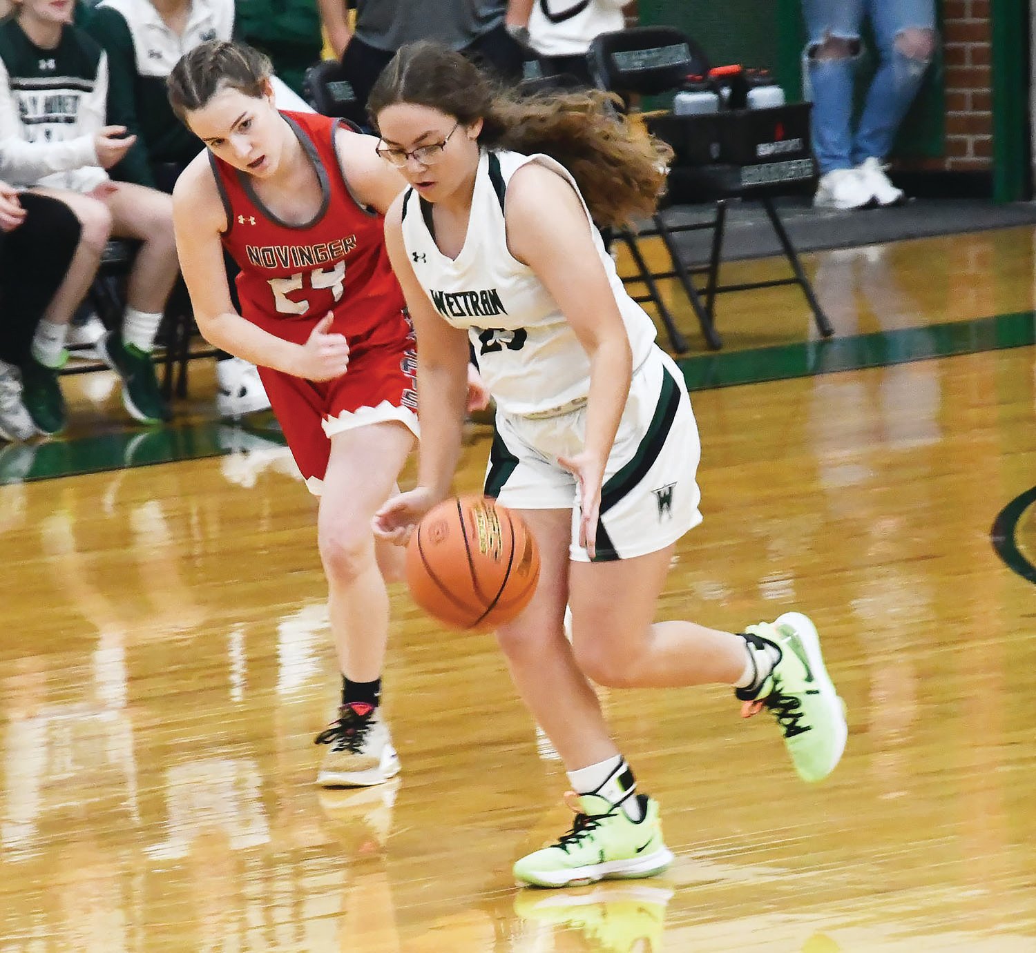Westran's Jaycie Colley steals the ball and heads up court during last Friday's game.