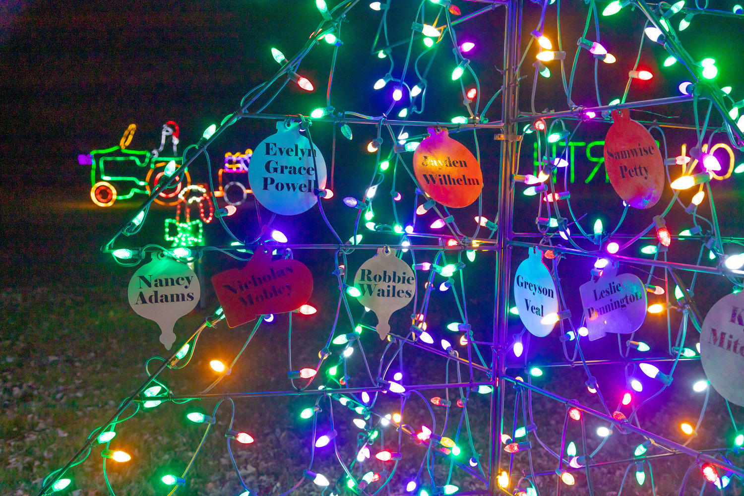 Names adorn lighted trees in the memorial forest at Rothwell Park. Residents can add names of loved ones to the display for a small donation.