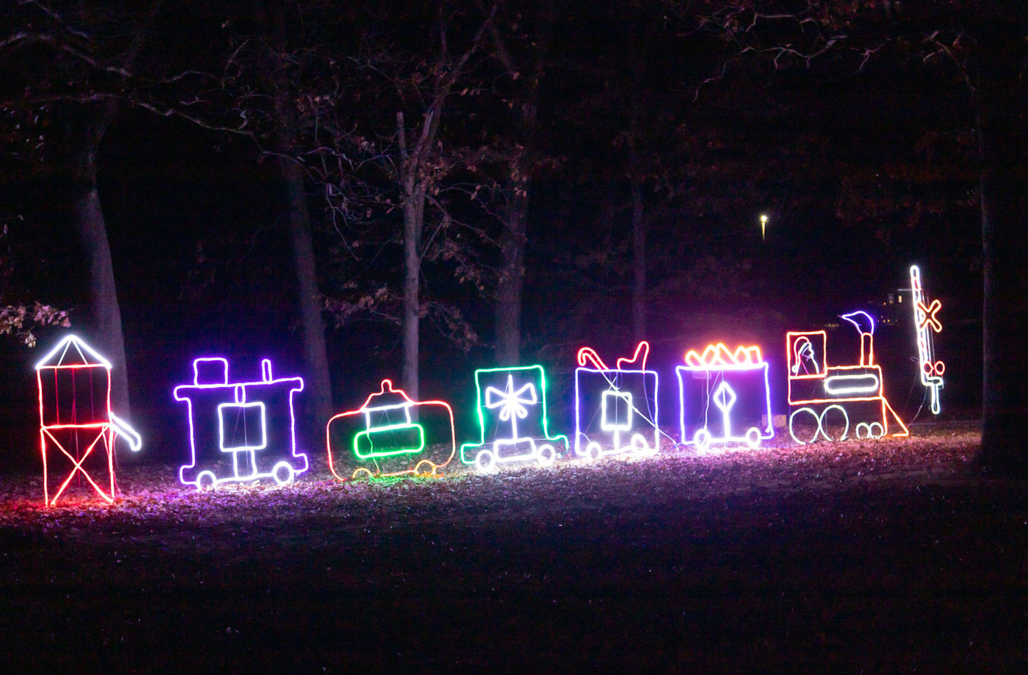 A lighted train recalls the history of Moberly in Rothwell Park’s annual light display. Christmas in the Park opened Sunday and continues nightly through Dec. 23.