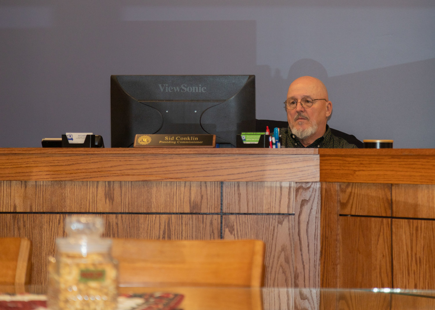In this January file photo, Randolph County Presiding Commissioner Sid Conklin addresses business during a county commission meeting. Commissioners worked on a budget this week for the next fiscal year.