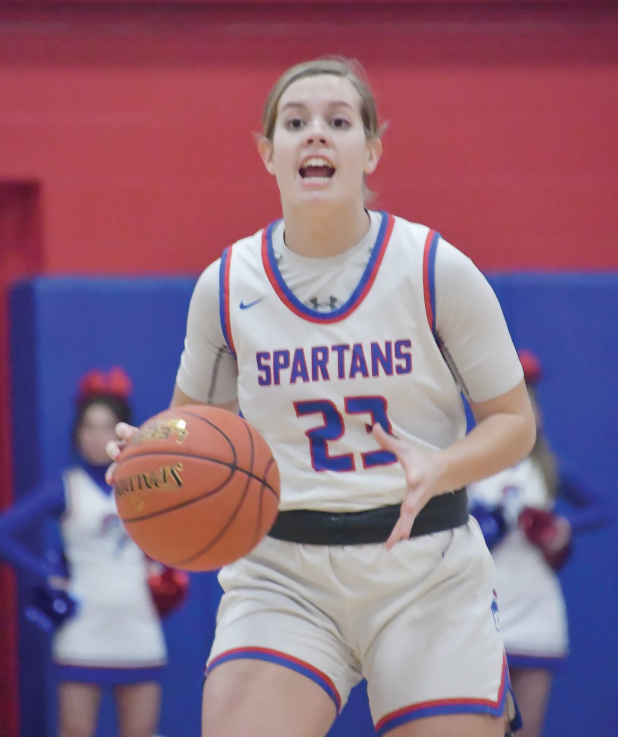 Moberly's Kennedy Messer calls out a play while the Spartans are on offense. Messer scored in double digits as Moberly thumped Fulton 66-29.