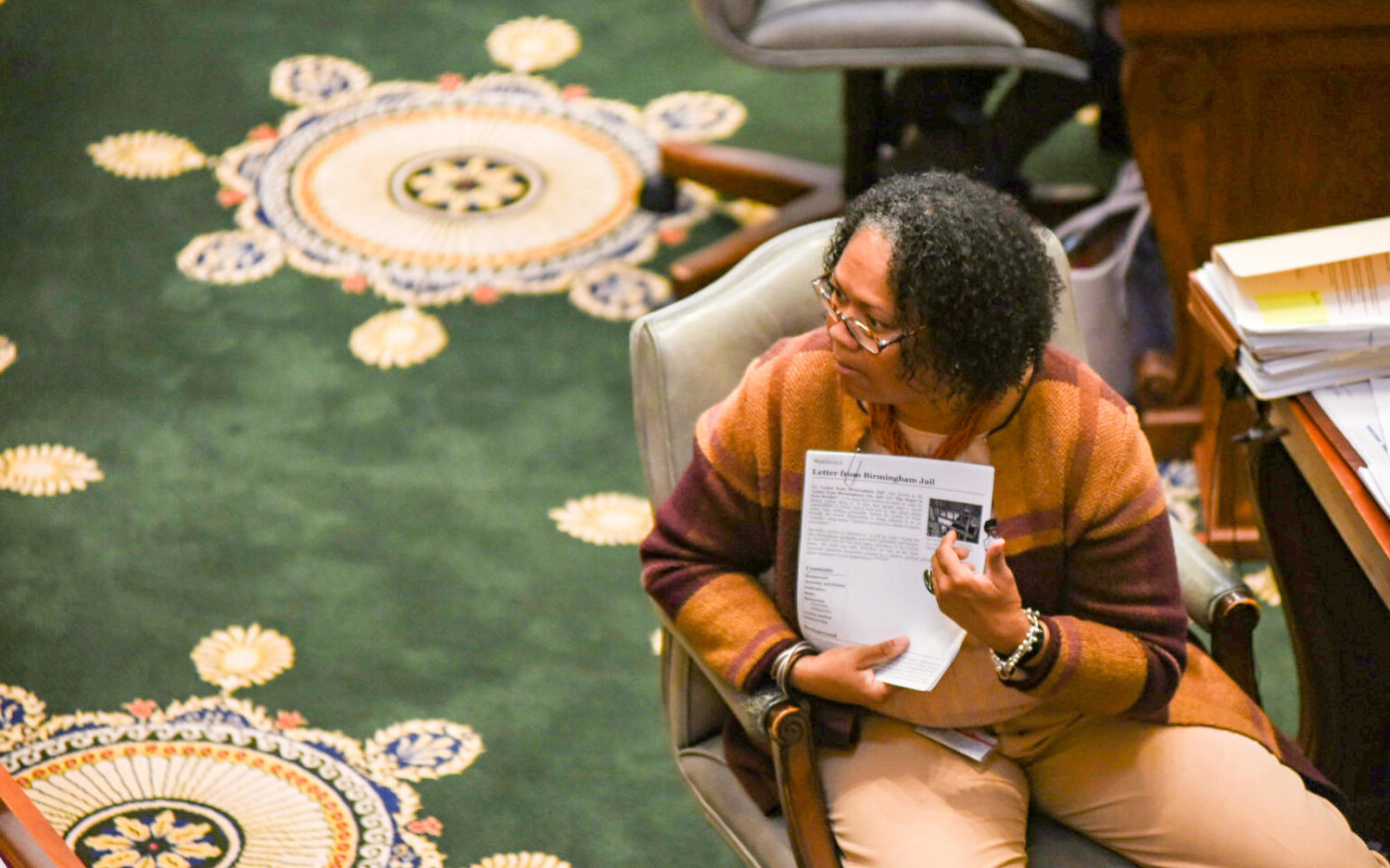 Missouri State Sen. Barbara Washington points to a letter written by the Rev. Dr. Martin Luther King she printed out as Sen. Andrew Koenig quotes a speech by Dr. King on the Senate floor Wednesday.