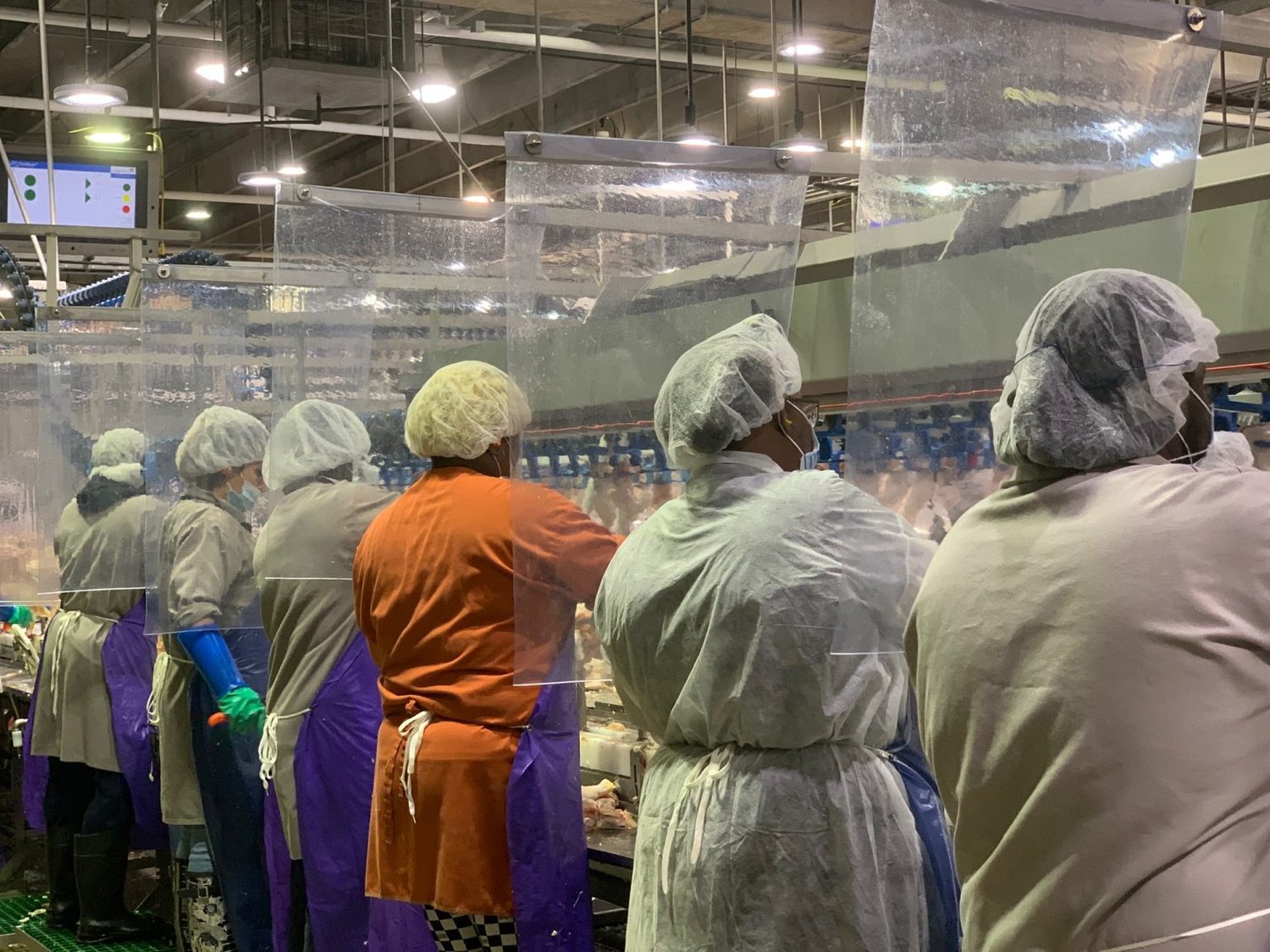 An Iowa meatpacking plant had plastic dividers installed separating workers on the production line.