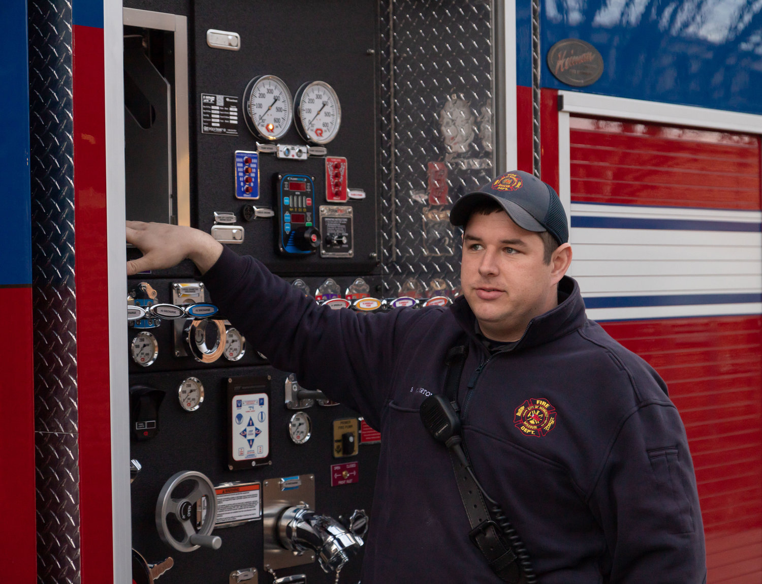 Eng. Ben Wolverton talks about the features of Moberly’s new Rosenbauer Commander fire truck Tuesday.
