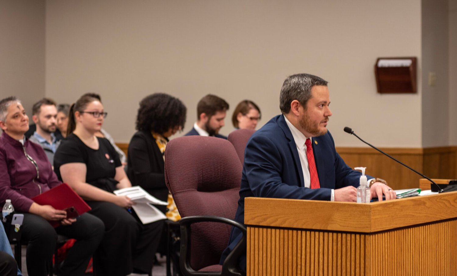 Rep. Brad Hudson, R-Cape Fair, introduces a bill that seeks to guard "belief-based" student organizations during a House committee hearing Wednesday evening.