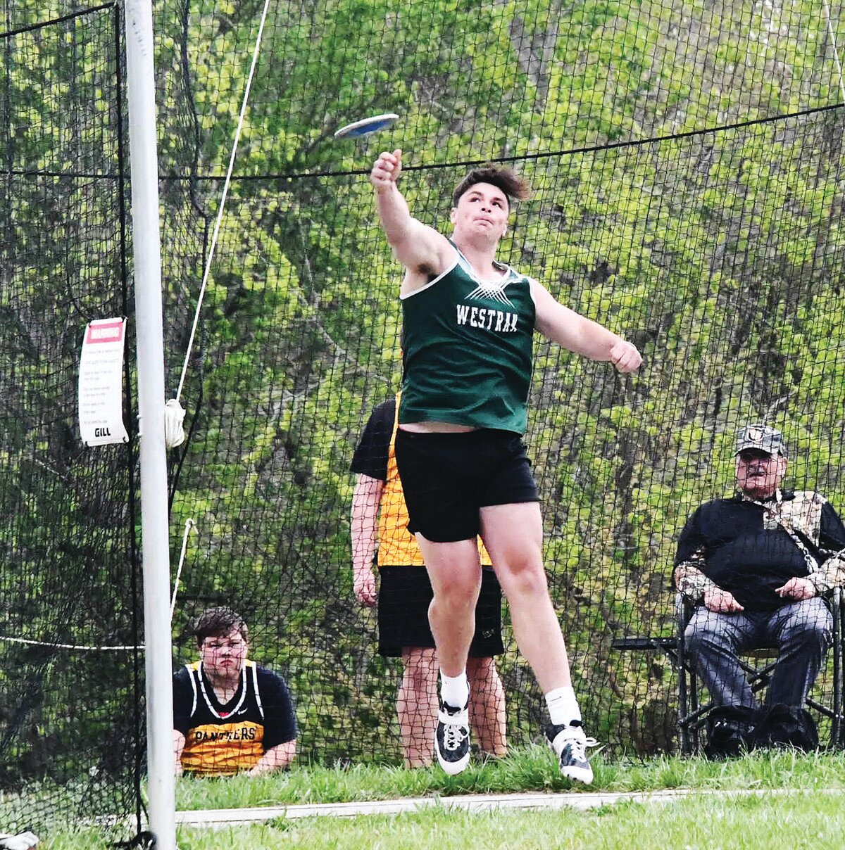 Westran High School senior thrower Langden Kitchen established a new school record in the discus at the Class 2 District 3 meet last Saturday at Putnam County High School. Kitchen is shown here throwing at the Mansfield Invitational from Tuesday, April 25.