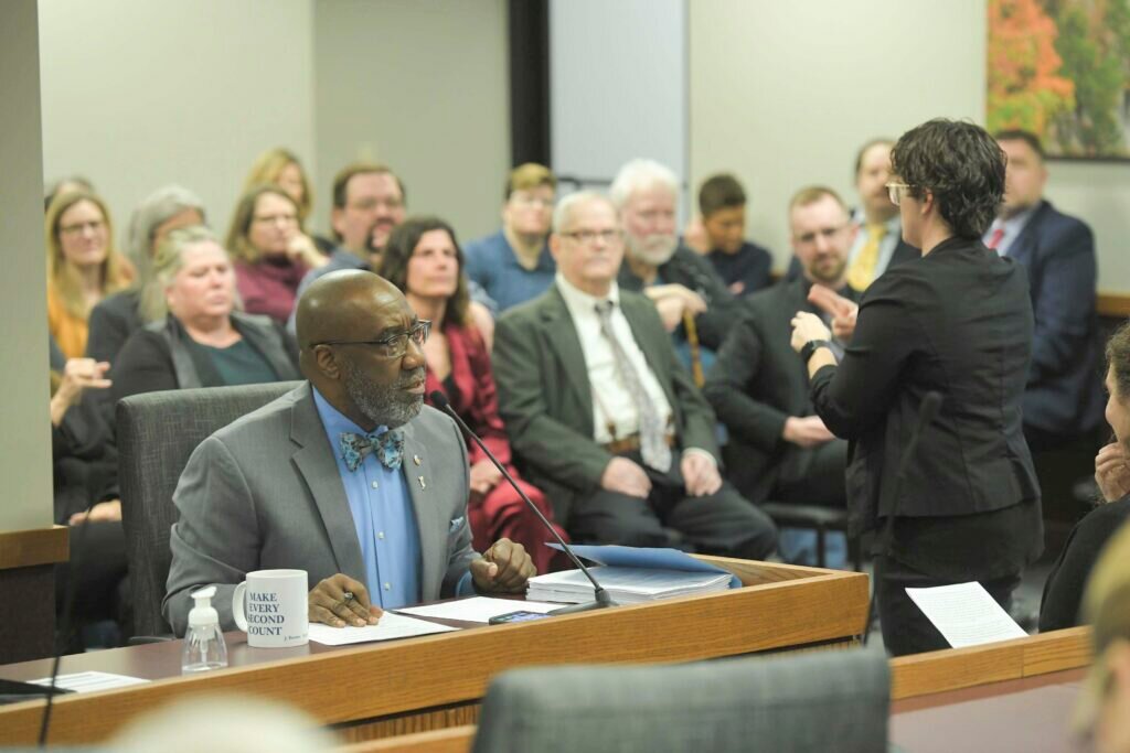 Rep. Jerome Barnes, D-Raytown, testifies March 1 during a House committee hearing on his bill setting milestones for deaf kids under five (Tim Bommel/Missouri House Communications).