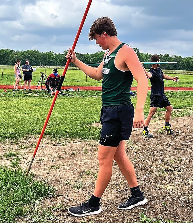 Brady Hollman prepares to compete in the javelin at the Class 2 sectional meet in Shelbina.