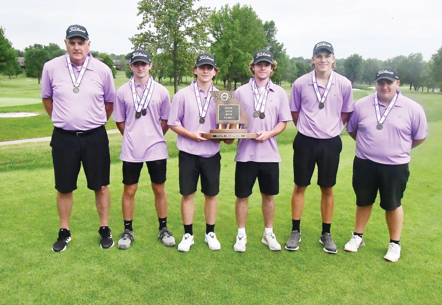 The Salisbury High School boys golf team shows off its first-place trophy, marking the second title for the school during the 2022-23 academic year. The team features head coach Kenny Wyatt plus players Nolan Gordon, Elliot Carter, Jaxon Green, Tyson Parker and Jace Carter.