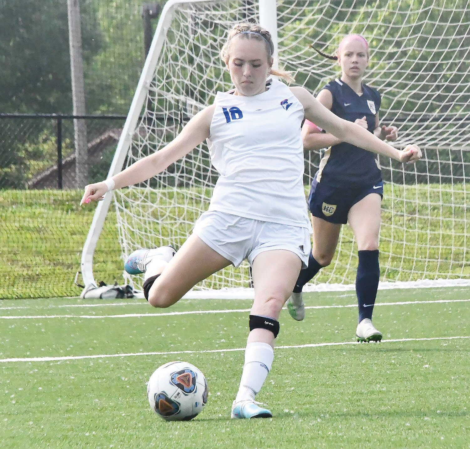 Chloe O'Donnell takes a free kick during a Wednesday, May 17, district semifinal match versus Helias Catholic.