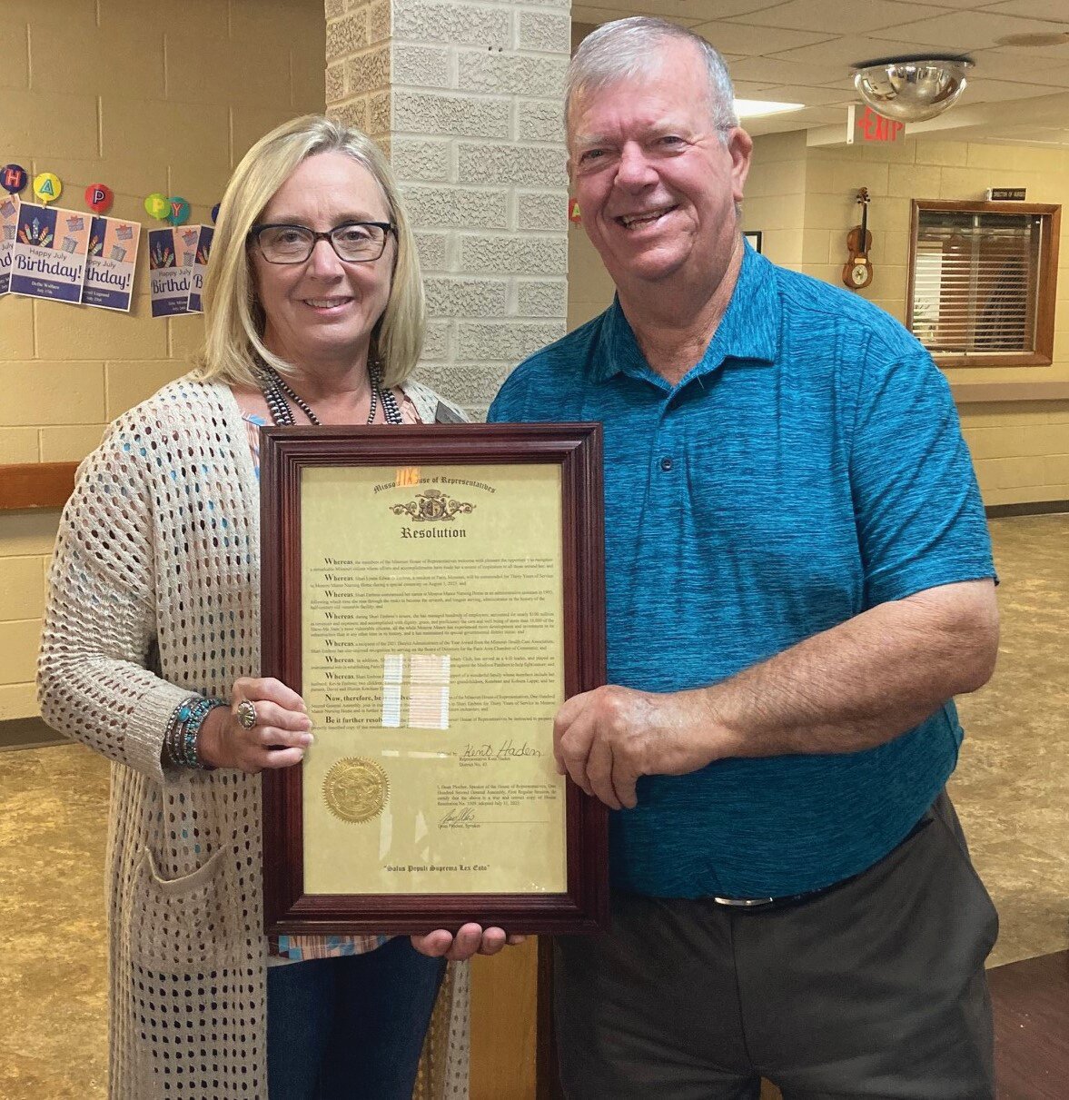 Monroe Manor Nursing Home Administrator Shari Embree received a Missouri House of Representatives Resolution from 43rd State Representative Kent Haden (R-Mexico) Aug. 1 recognizing her for 30 years of employment with the special governmental district.