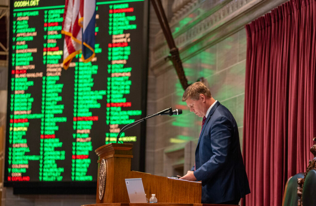 House Speaker Dean Plocher, R-Des Peres, waits for the Missouri House to finish voting on a motion during veto session Wednesday (Annelise Hanshaw/Missouri Independent).
