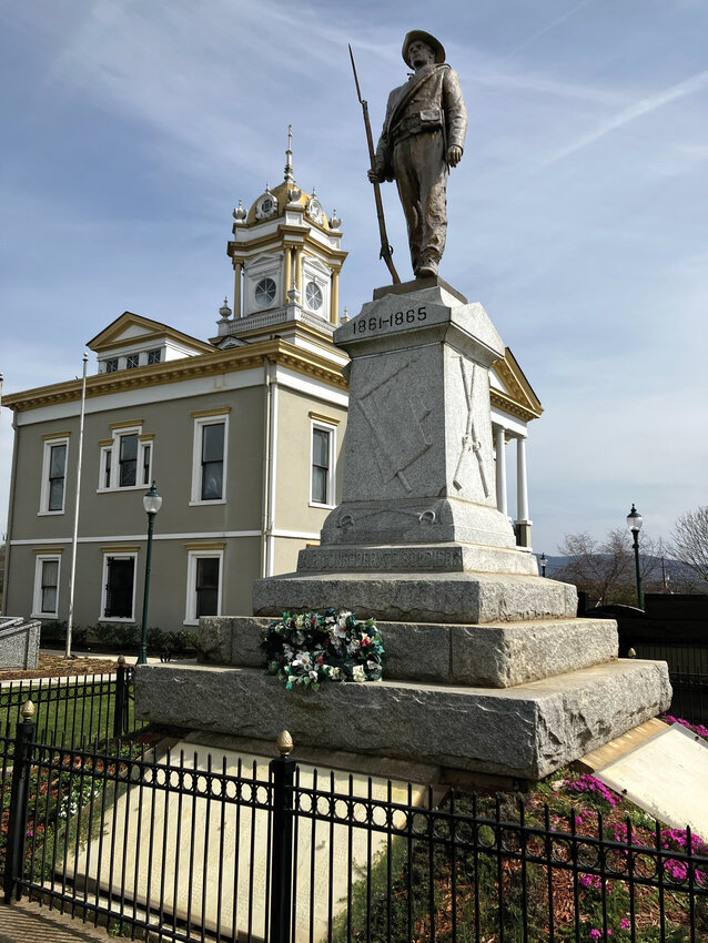 The Confederate monument stands on the northwest corner of the Historic Courthouse Square.