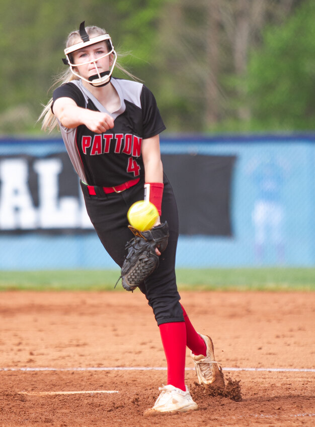 Patton's Marleigh Carswell works from the pitcher's circle during a 2023 contest at East Burke. Carswell led last year's Lady Panthers in five major offensive categories in addition to gaining six pitching wins with a 2.49 ERA and 122 strikeouts.