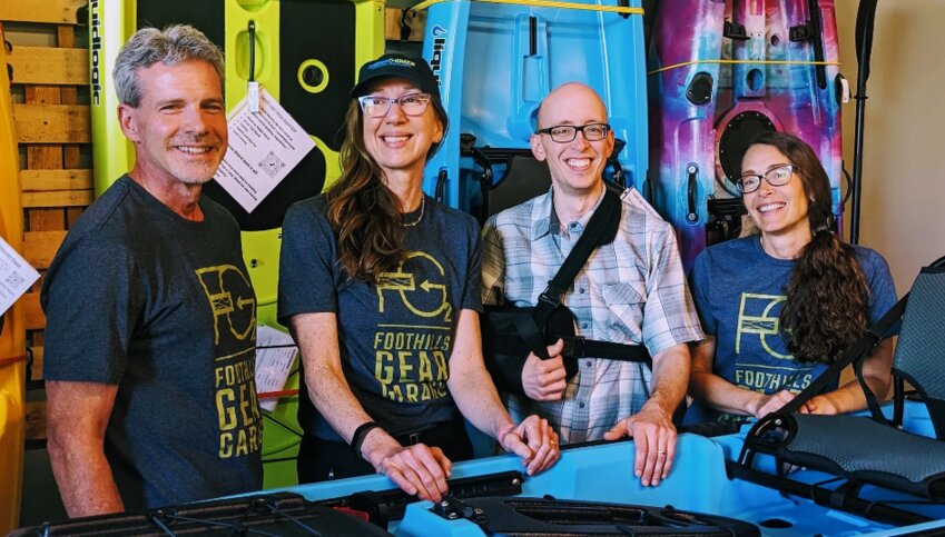 Foothills Gear Garage co-owners are: (from left) Scott Helms, Nikki Malatin, Joe Sawdy, and Sarah Sawdy. Not pictured is David Cape.