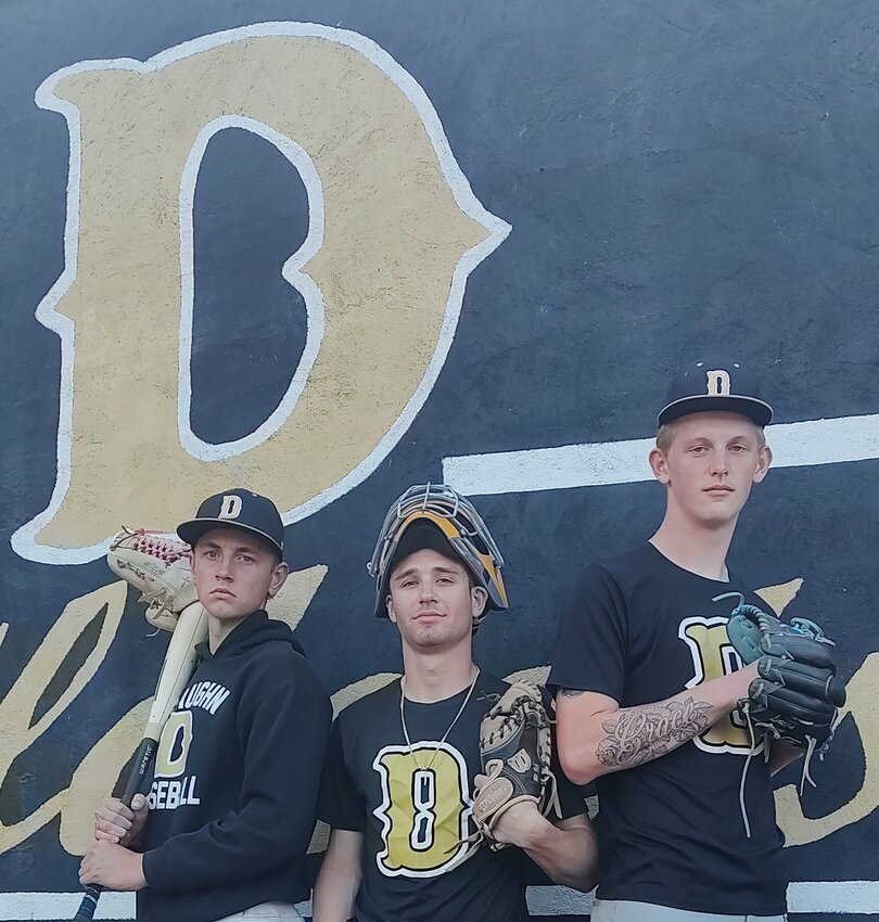 Starting pitchers Blake McElyea (right) and Tate Jensen (left) have teamed with catcher Logan McGee (center) in a dominant season for the battery mates as the Draughn baseball team chases its third consecutive Western Highlands 1A/2A Conference championship.
