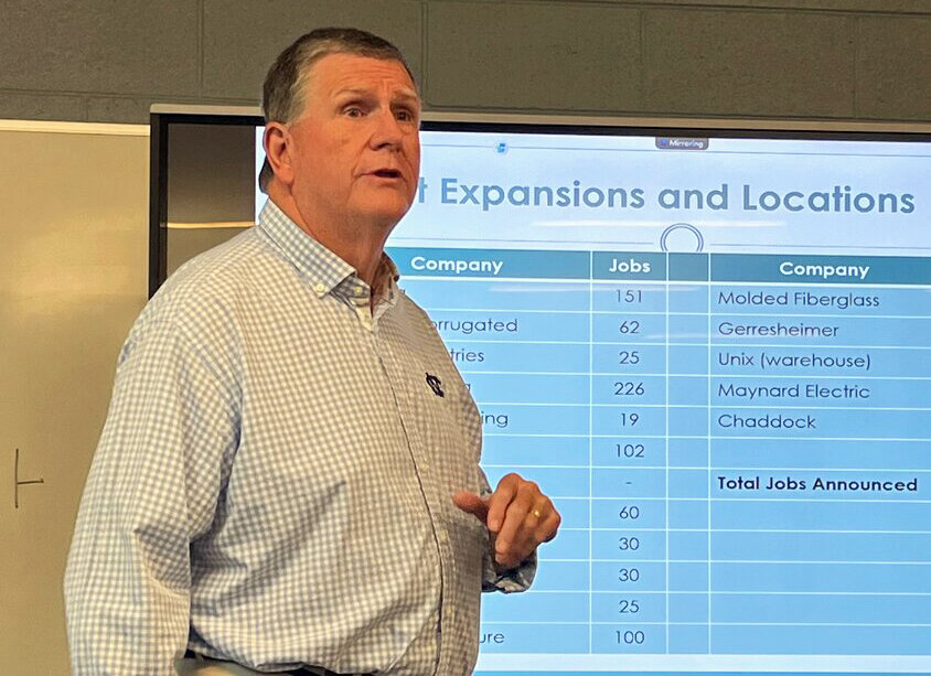 Alan Wood, President and CEO of Burke Development, Inc., speaks at a Chamber of Commerce breakfast at Western Piedmont Community College last Friday. Wood spoke at length about the proposed Great Meadows Megasite.