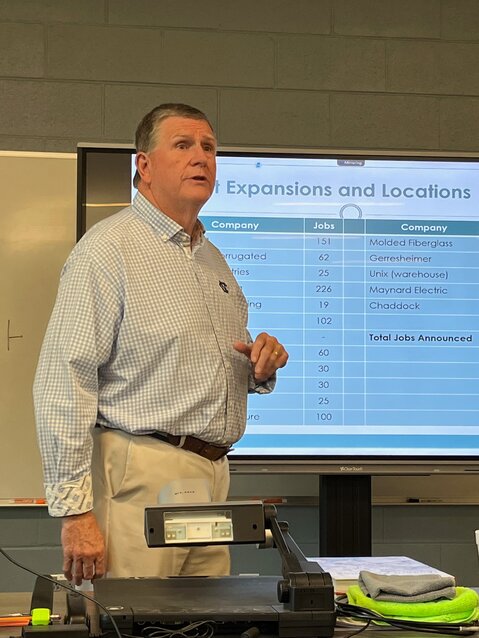 Alan Wood, President and CEO of Burke Development, Inc., speaks at a Chamber of Commerce breakfast at Western Piedmont Community College last Friday. Wood spoke at length about the proposed Great Meadows Megasite.